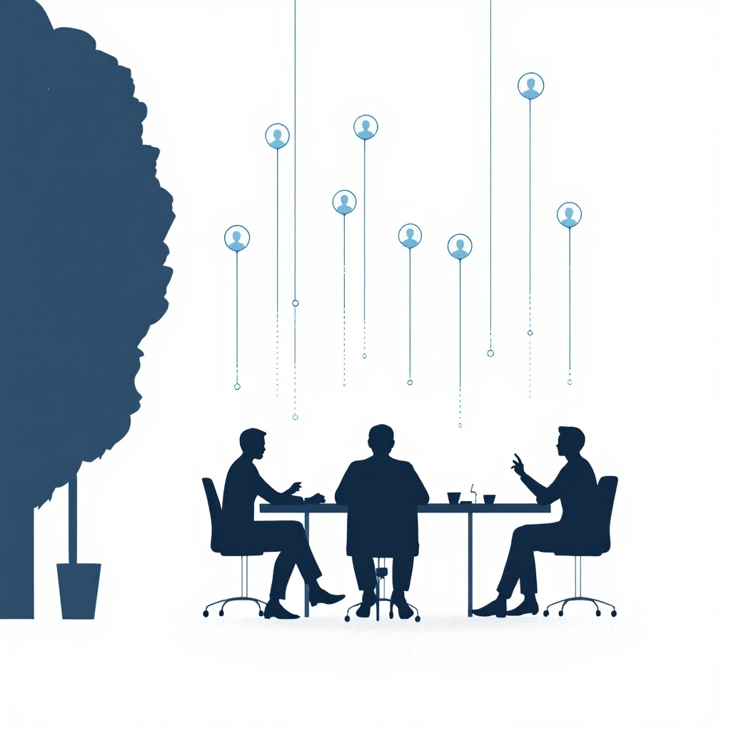 Illustration of multi-threaded outreach reaching an entire buying committee around a conference table instead of a single contact
