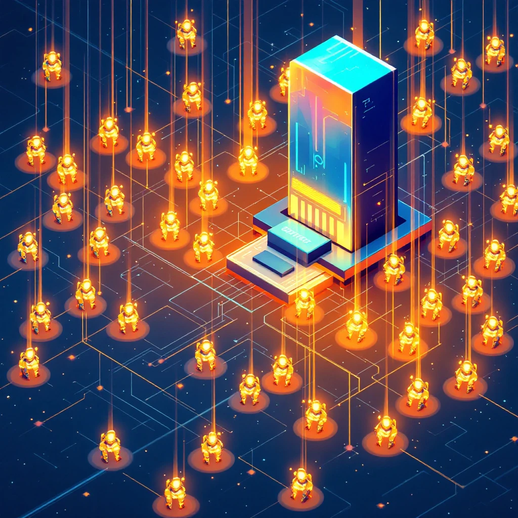 Abstract visualization of autonomous software agents sending queries toward a giant search index