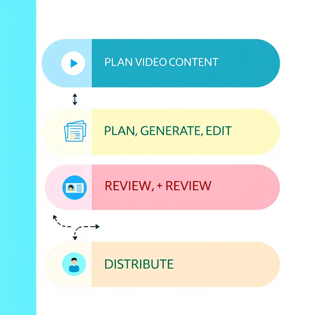 Diagram of an AI video content pipeline: plan, generate, edit, review, and distribute stages connected in a flow with brand guardrails around them