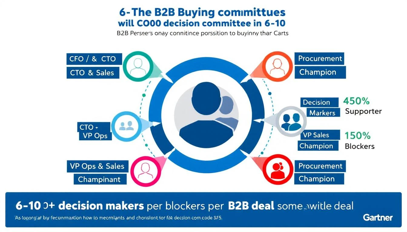 B2B buying committee with 6-10 stakeholders mapped around a deal