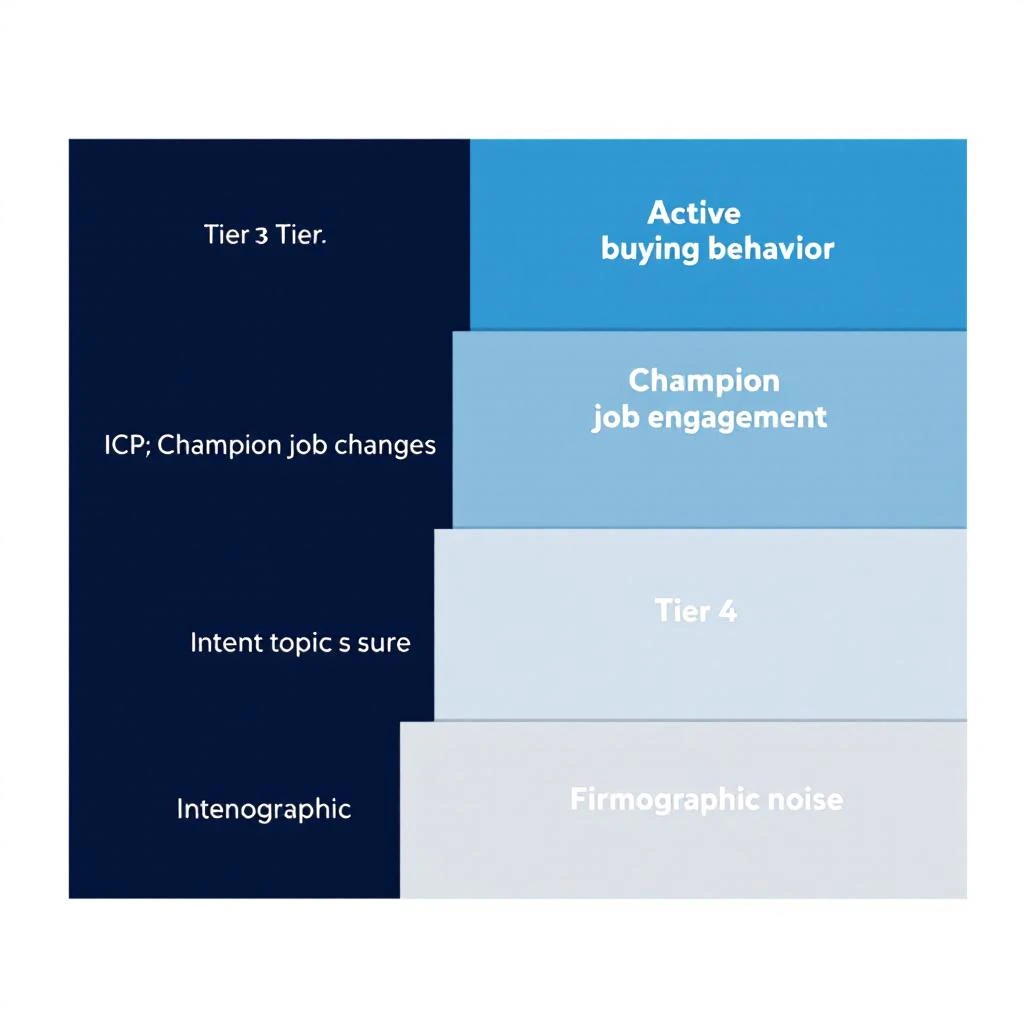 A tiered pyramid diagram showing buying signal tiers from highest predictive value (demo requests, pricing visits) at the top down to firmographic noise at the bottom, with conversion rate ranges marked on each tier