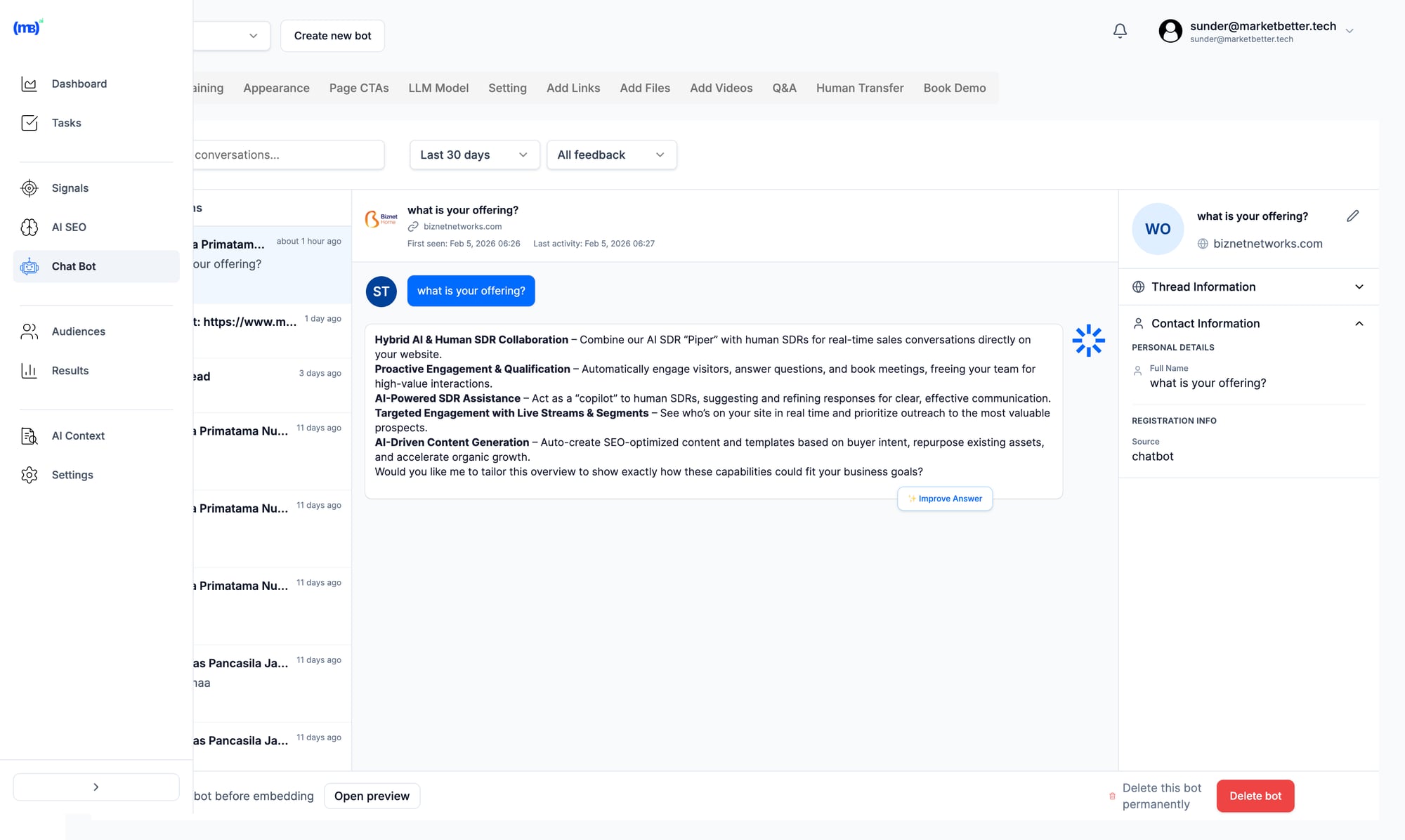 MarketBetter AI chatbot conversations with visitor engagement and handoff