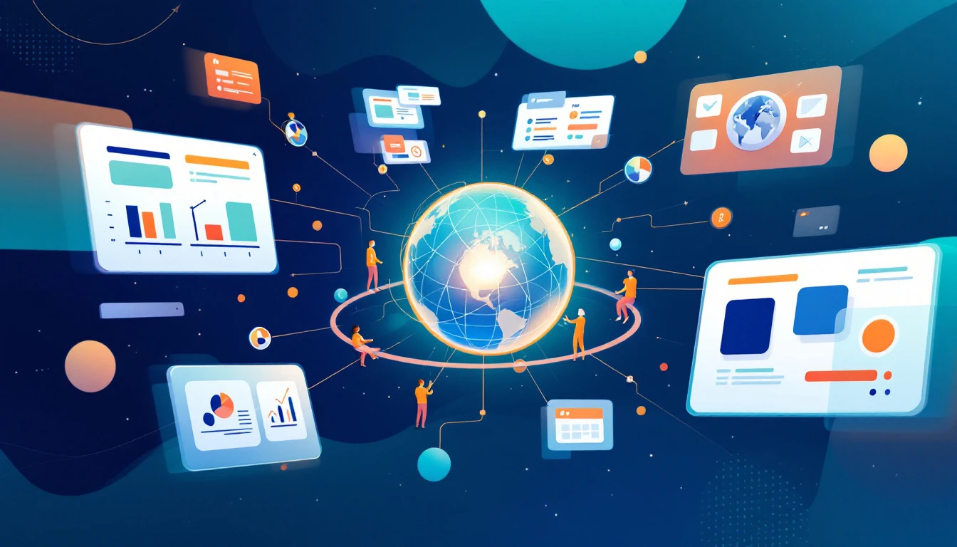Abstract illustration of presentation slides orbiting a shared workspace sphere, with collaborative figures connected by flowing lines, minimalist style