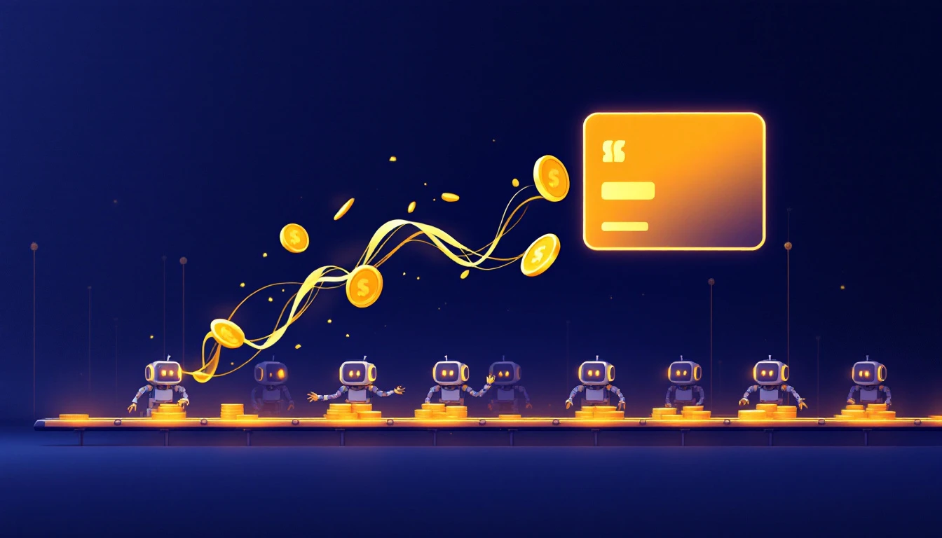 Abstract minimalist illustration of coins flowing from a subscription card into a network of small autonomous machines
