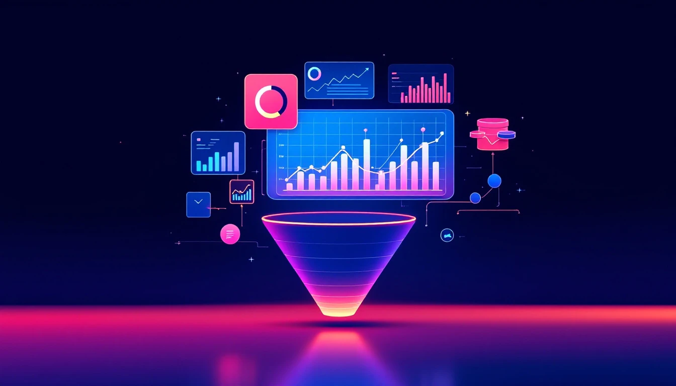 Abstract illustration of live charts and flowing data streams assembling themselves into a glowing dashboard above a sales pipeline, minimalist style