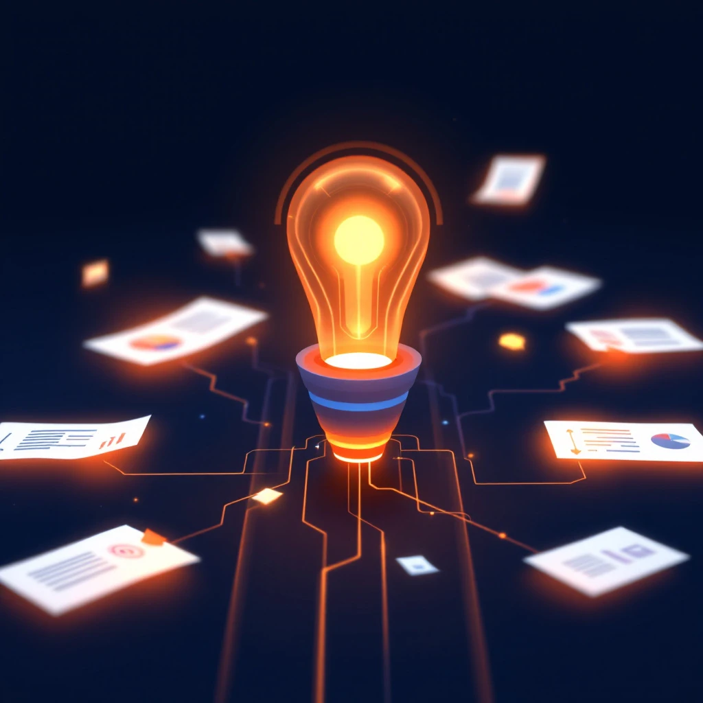 Abstract illustration of documents and presentation slides flowing out of a glowing AI core toward a sales pipeline, minimalist style