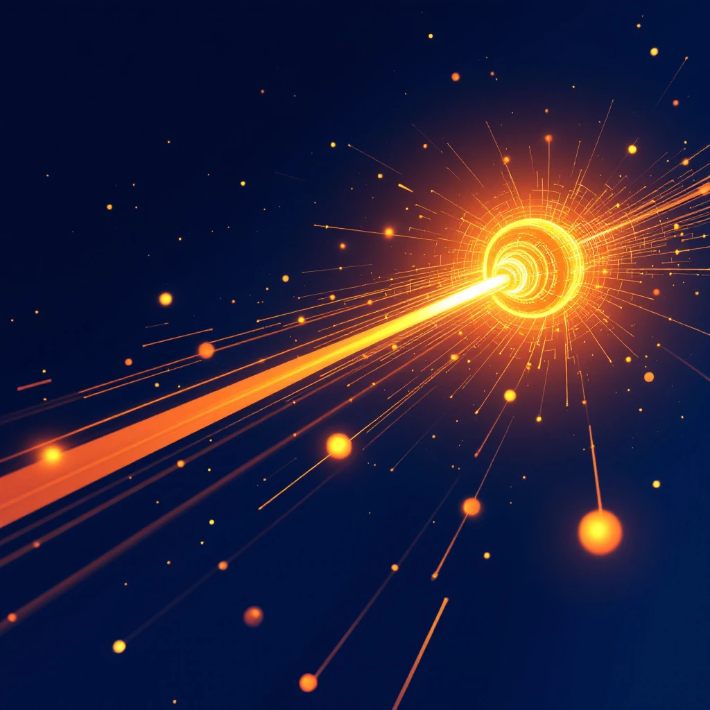 Abstract illustration of a satellite orbiting a glowing engine core with data streams flowing outward, minimalist style