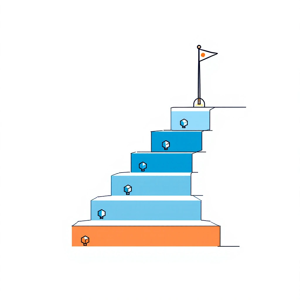 Minimalist diagram of a five-step ascending rollout path toward a checkpoint