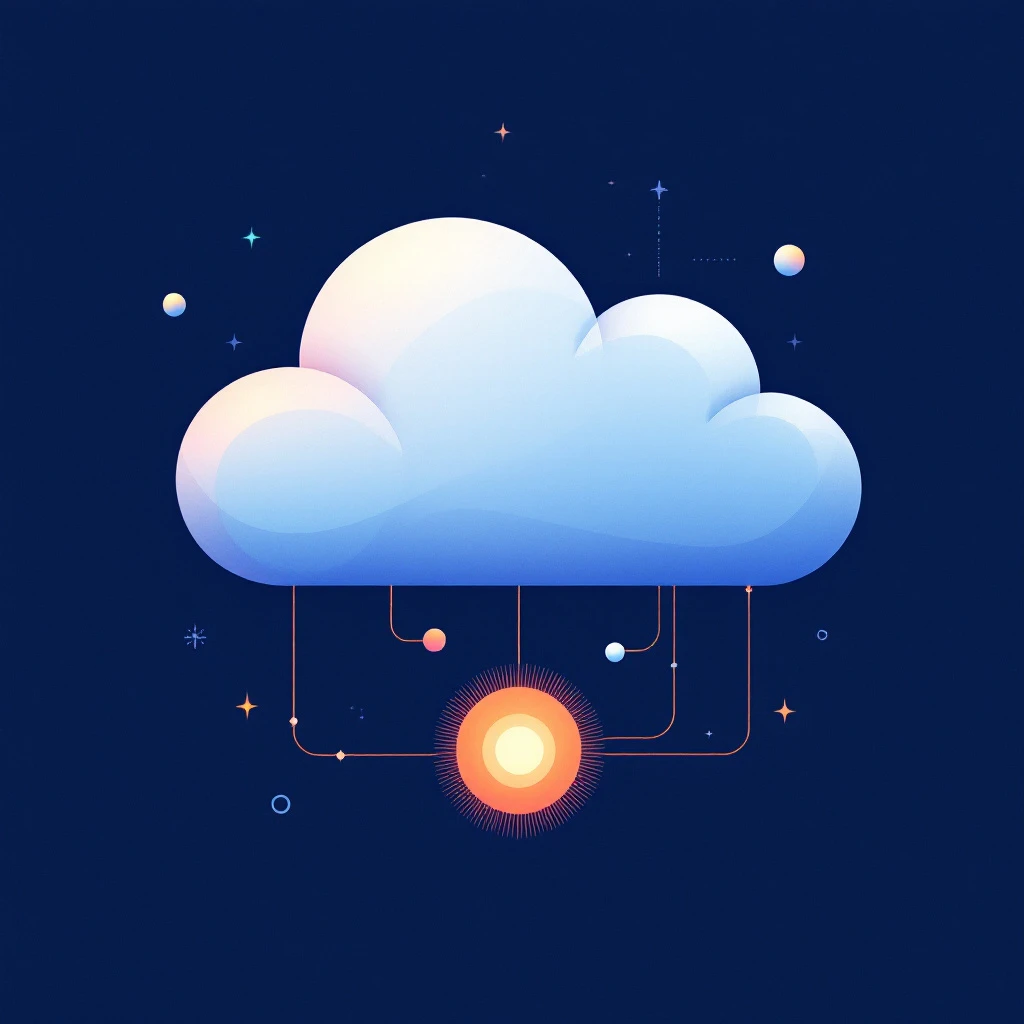 Abstract illustration of a CRM cloud platform connecting to a glowing AI assistant core, data streams flowing between them, minimalist style