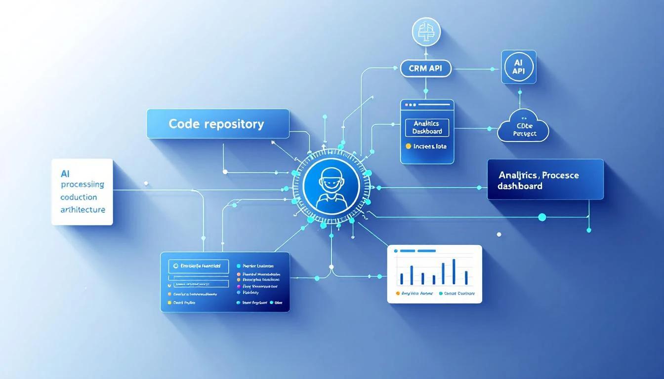 Architecture diagram showing Codex processing data flows between code repository, CRM API, and analytics dashboard