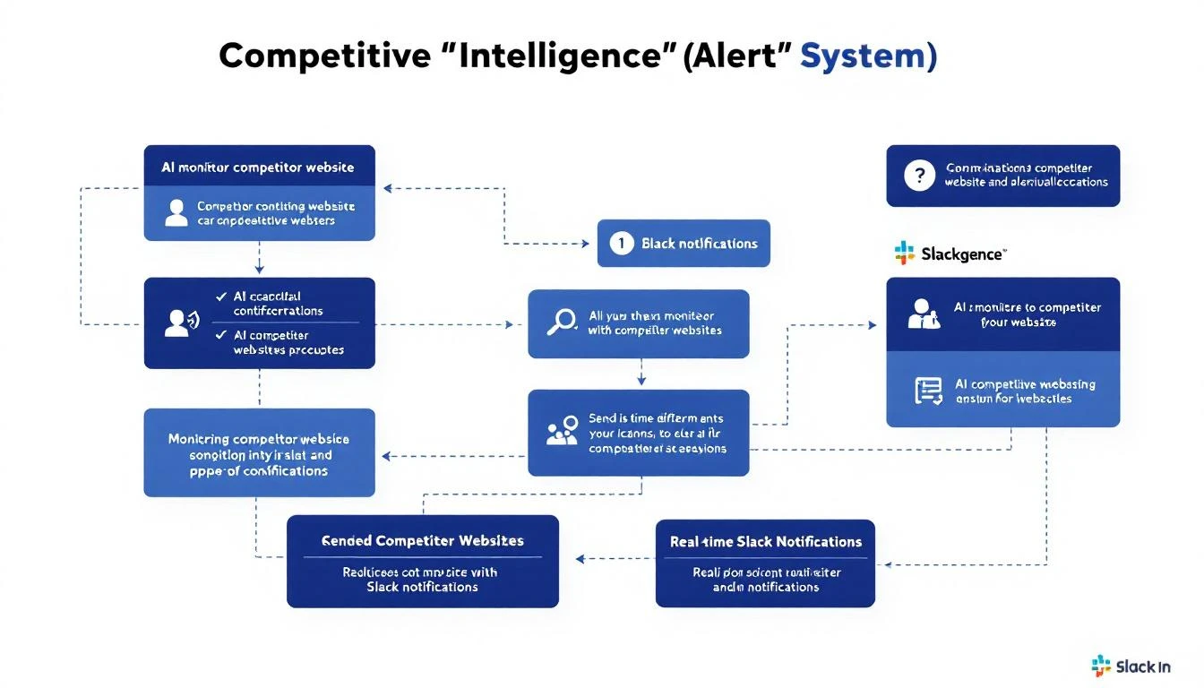Competitive intelligence alert system showing AI monitoring competitor websites and sending notifications