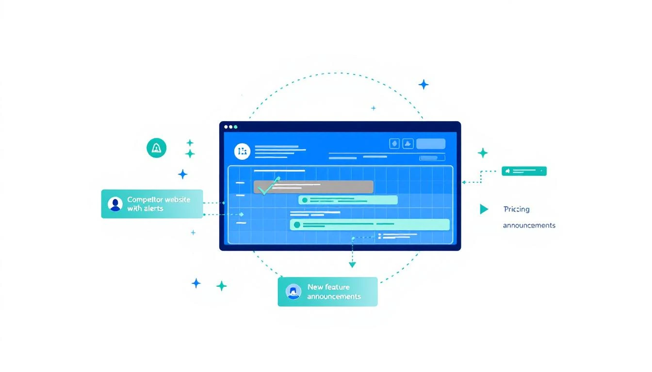 Diagram showing competitor website monitoring with alerts for pricing and feature changes