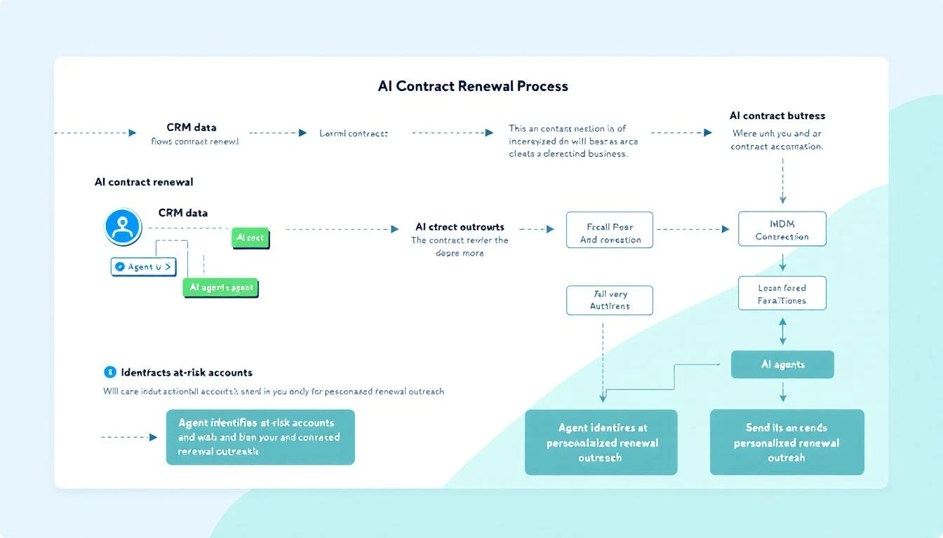 AI contract renewal workflow showing CRM data flowing to AI agent for risk detection and outreach