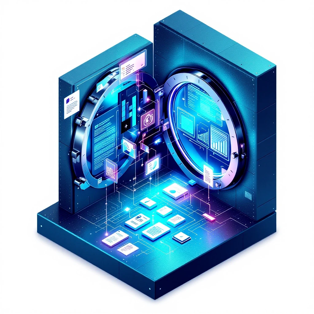 Illustration of an open data vault with company and contact records flowing out, minimalist style