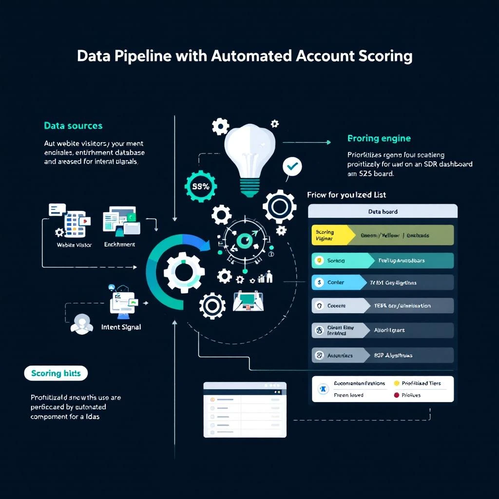 Automated account scoring pipeline flowing from data sources through scoring to SDR prioritization