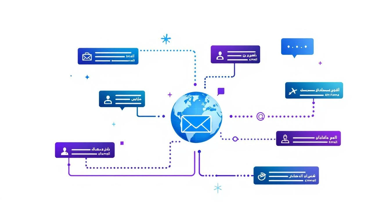 Multi-language AI outreach diagram showing personalized emails in multiple languages