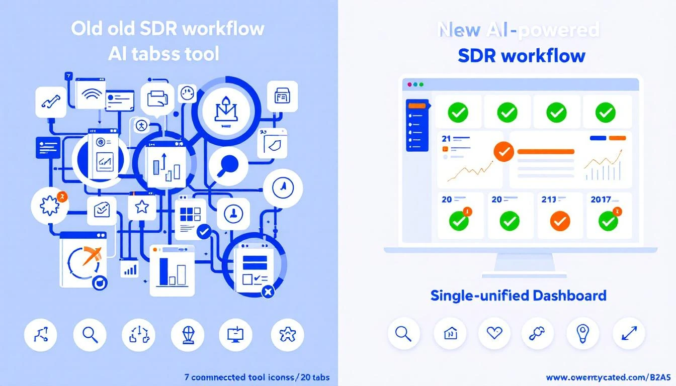 Comparison of the old SDR workflow with disconnected tools versus the new AI-powered unified workflow