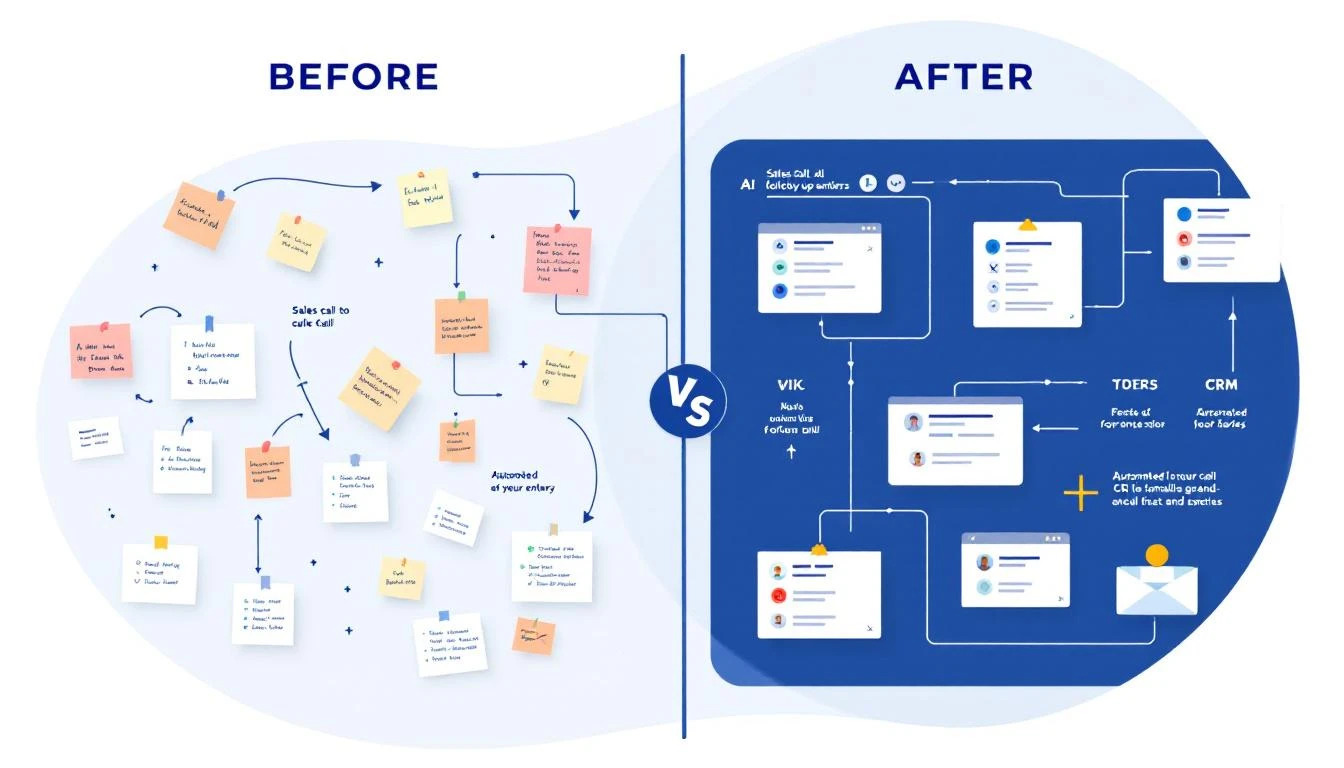 Before and after comparison of sales call follow-up workflows — manual chaos versus automated intelligence