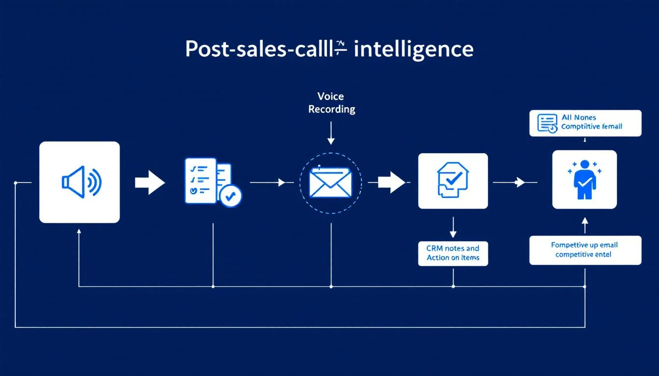 Post-call intelligence pipeline showing how voice recordings flow into AI analysis, CRM updates, follow-up emails, and competitive intel