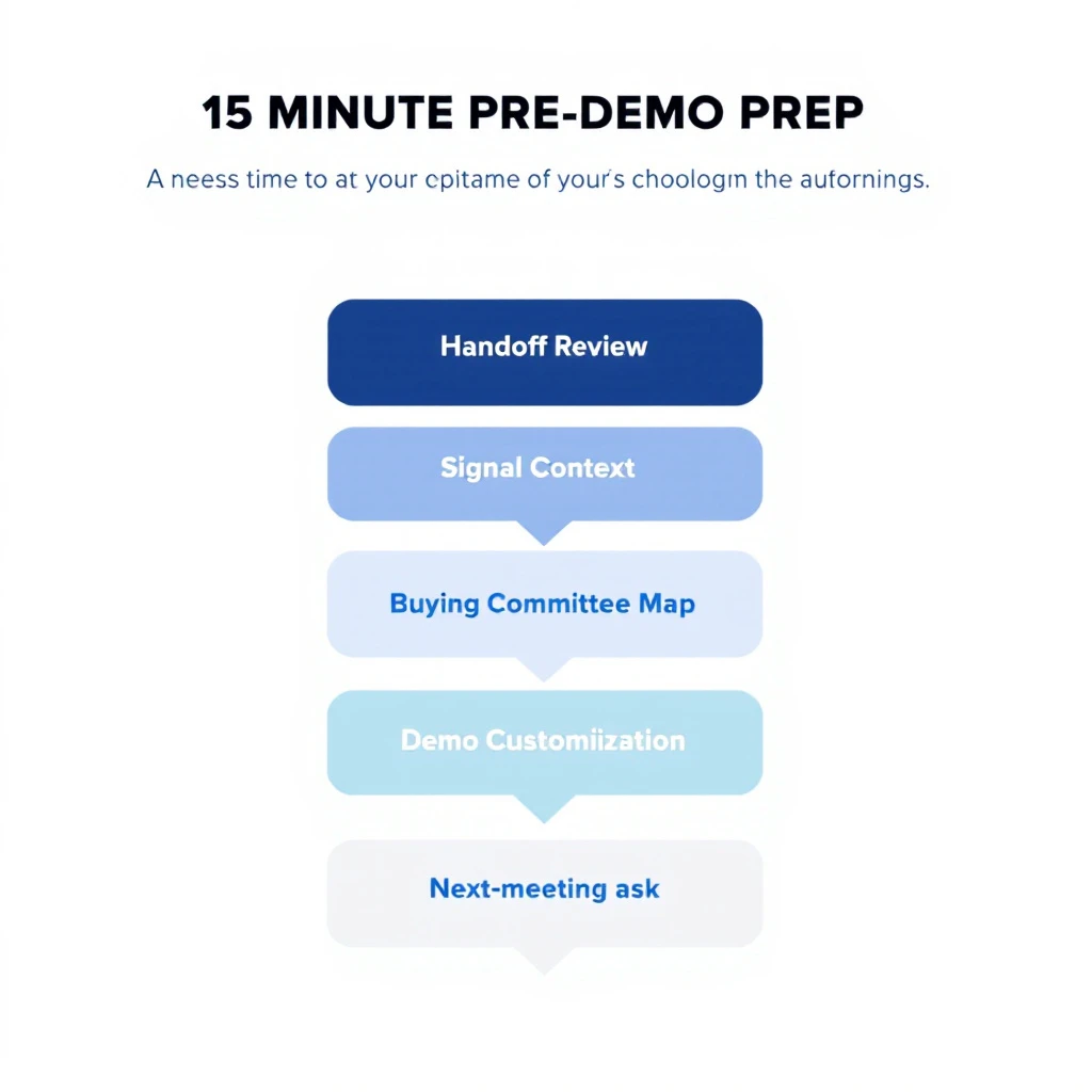 A diagram showing the pre-demo prep workflow with five three-minute segments stacked vertically: handoff review, signal context, buying committee map, demo customization, next-meeting ask, set against a clean white background