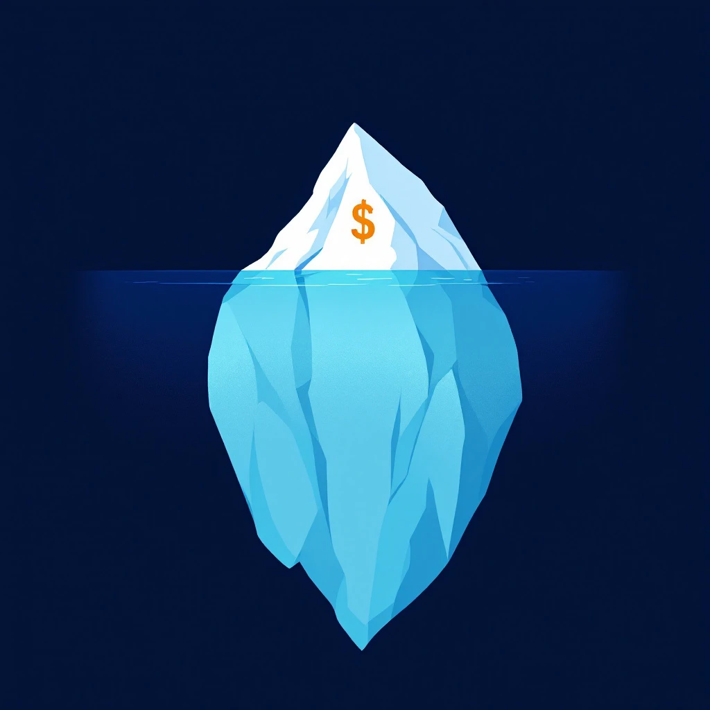 Iceberg visualization of B2B software pricing: small advertised price above water, large real cost hidden below
