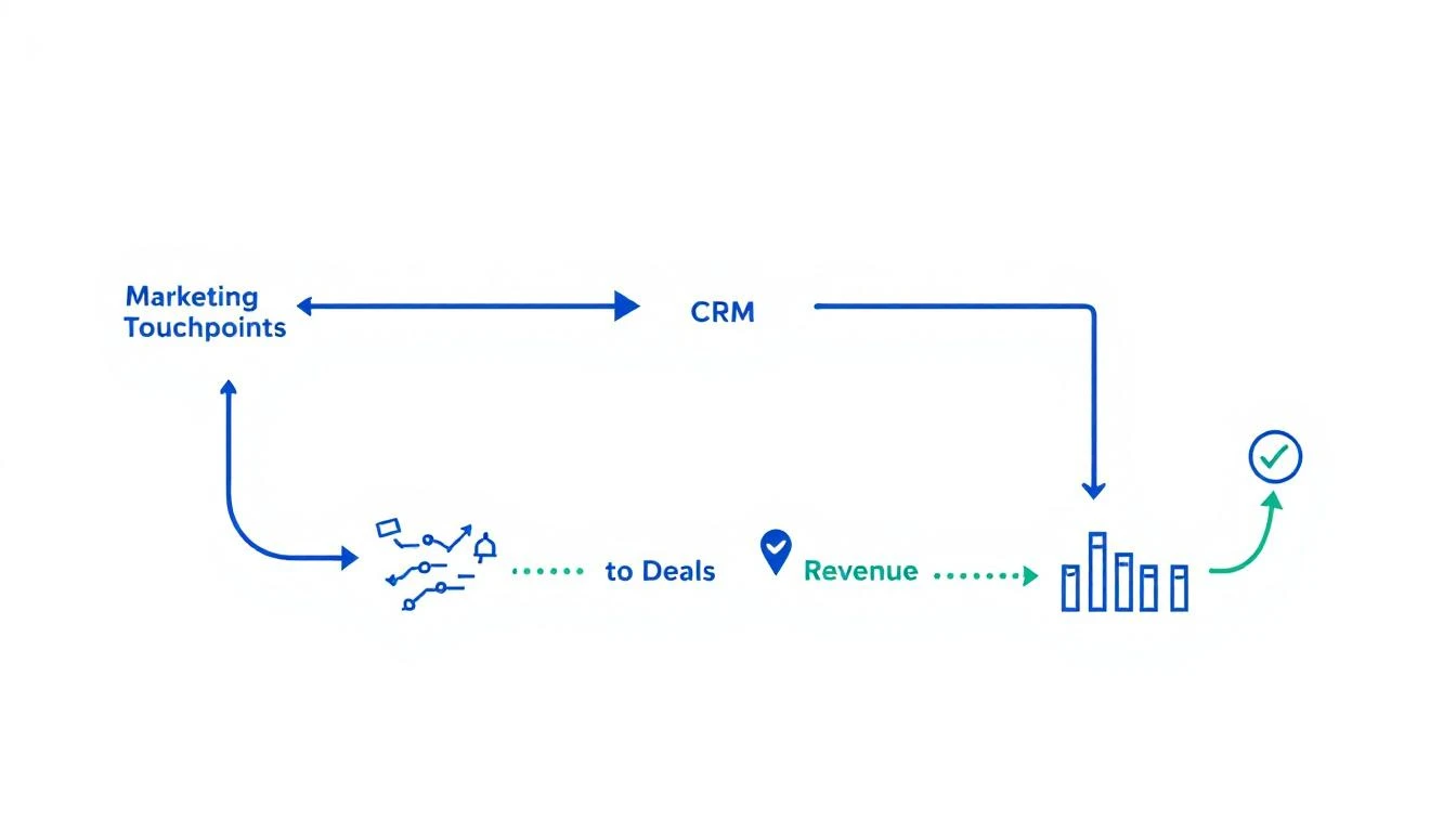 Revenue attribution workflow showing marketing touchpoints flowing through CRM to closed deals