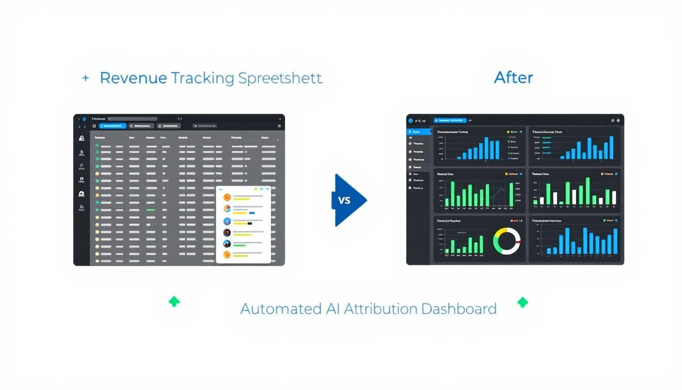 Before and after comparison of manual spreadsheet tracking versus automated AI attribution dashboard