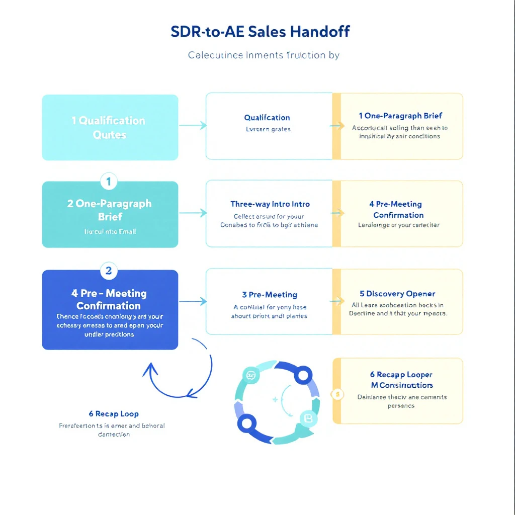 SDR-to-AE handoff playbook diagram showing the six-step process from qualification capture through discovery recap