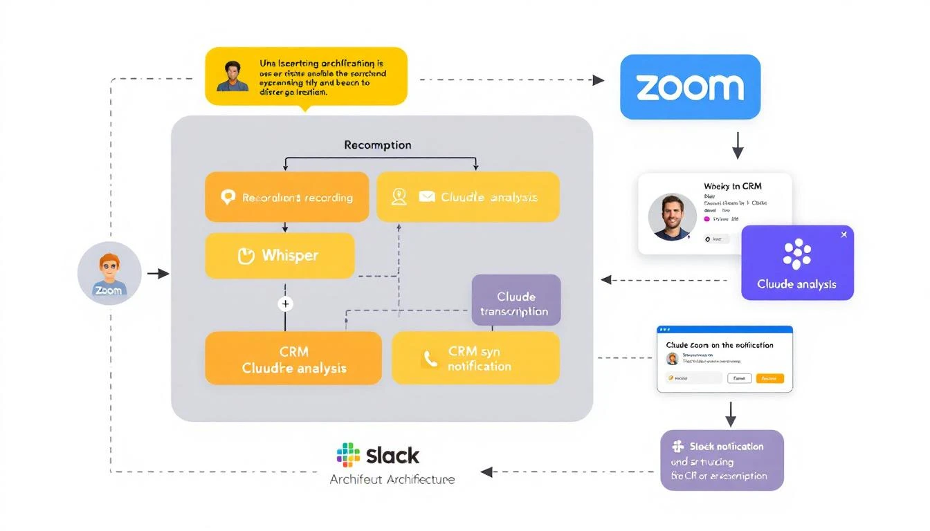 Architecture showing Zoom to Whisper to Claude to CRM workflow