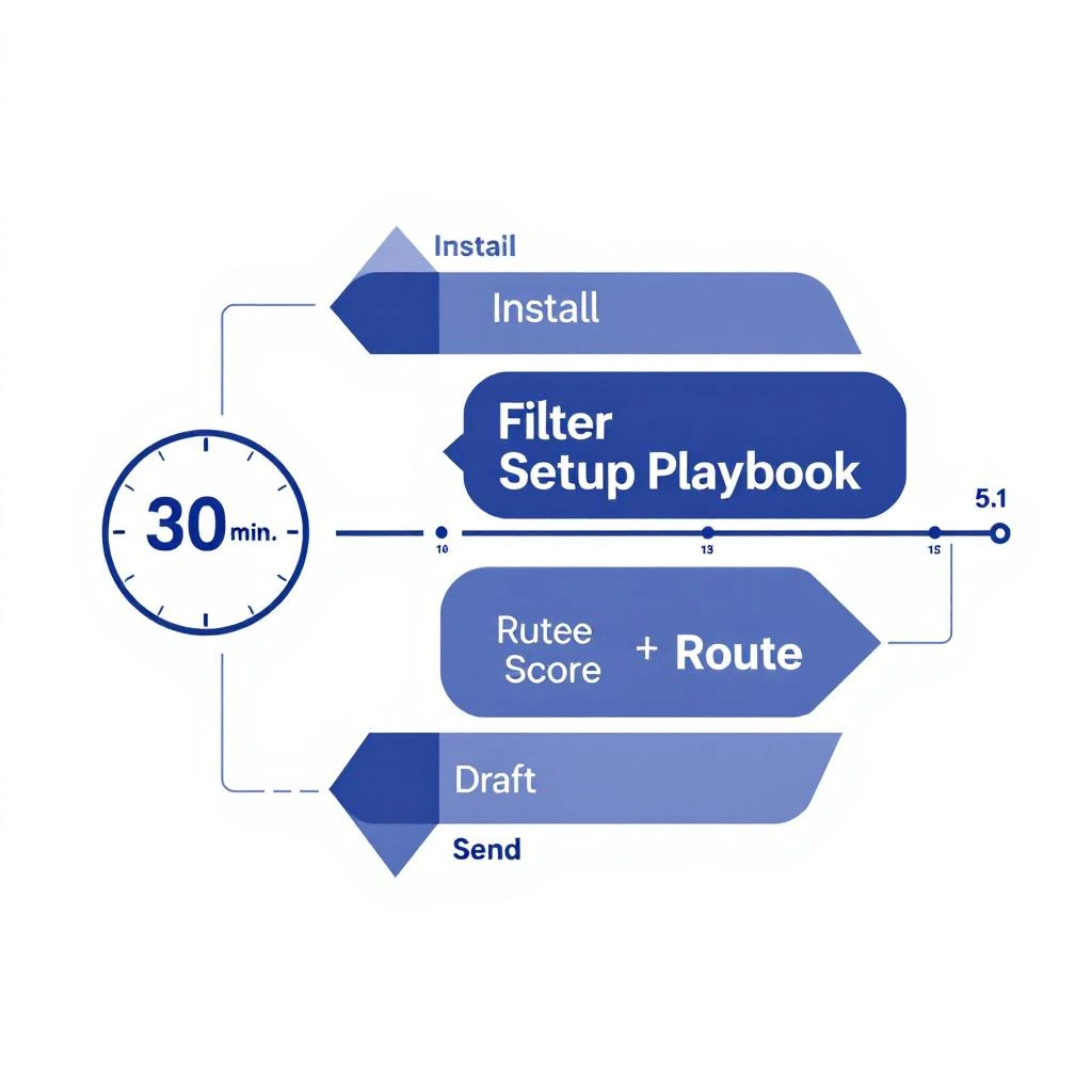A clean horizontal six-block timeline diagram with a 30 minute clock face on the left, each block labeled Install, Filter, Score, Route, Draft, Send, minimalist blue and grey design on white background